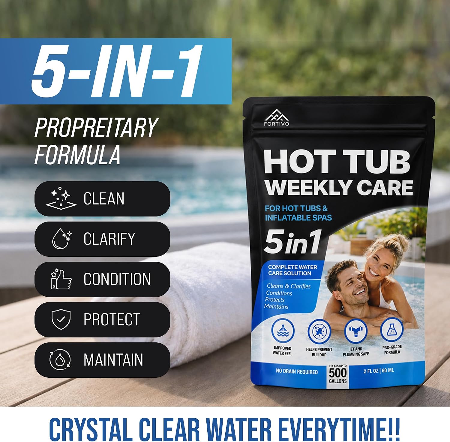 5-in-1 Hot Tub Weekly Care - Water Clarifier and Conditioner for Sparkling Soft Spa Water, Safe on Hot Tub Surfaces and Components, for Acrylic, Inflatable, Portable, Hard Shell Spas - 4 Pouches
