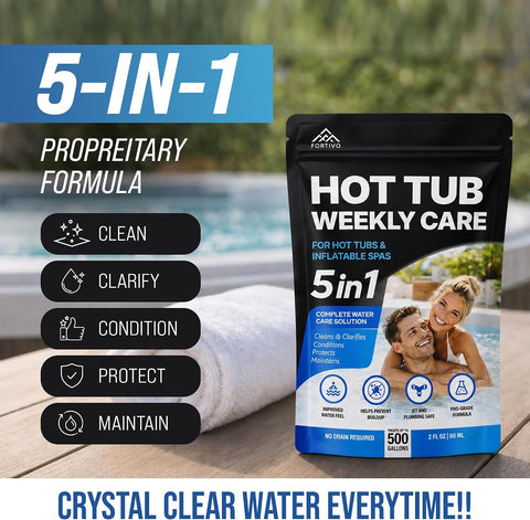 5-in-1 Hot Tub Weekly Care - Water Clarifier and Conditioner for Sparkling Soft Spa Water, Safe on Hot Tub Surfaces and Components, for Acrylic, Inflatable, Portable, Hard Shell Spas - 4 Pouches