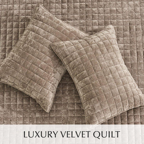 RECYCO Channel Box Stitch Velvet Quilt Set, King Size, Natural Tan