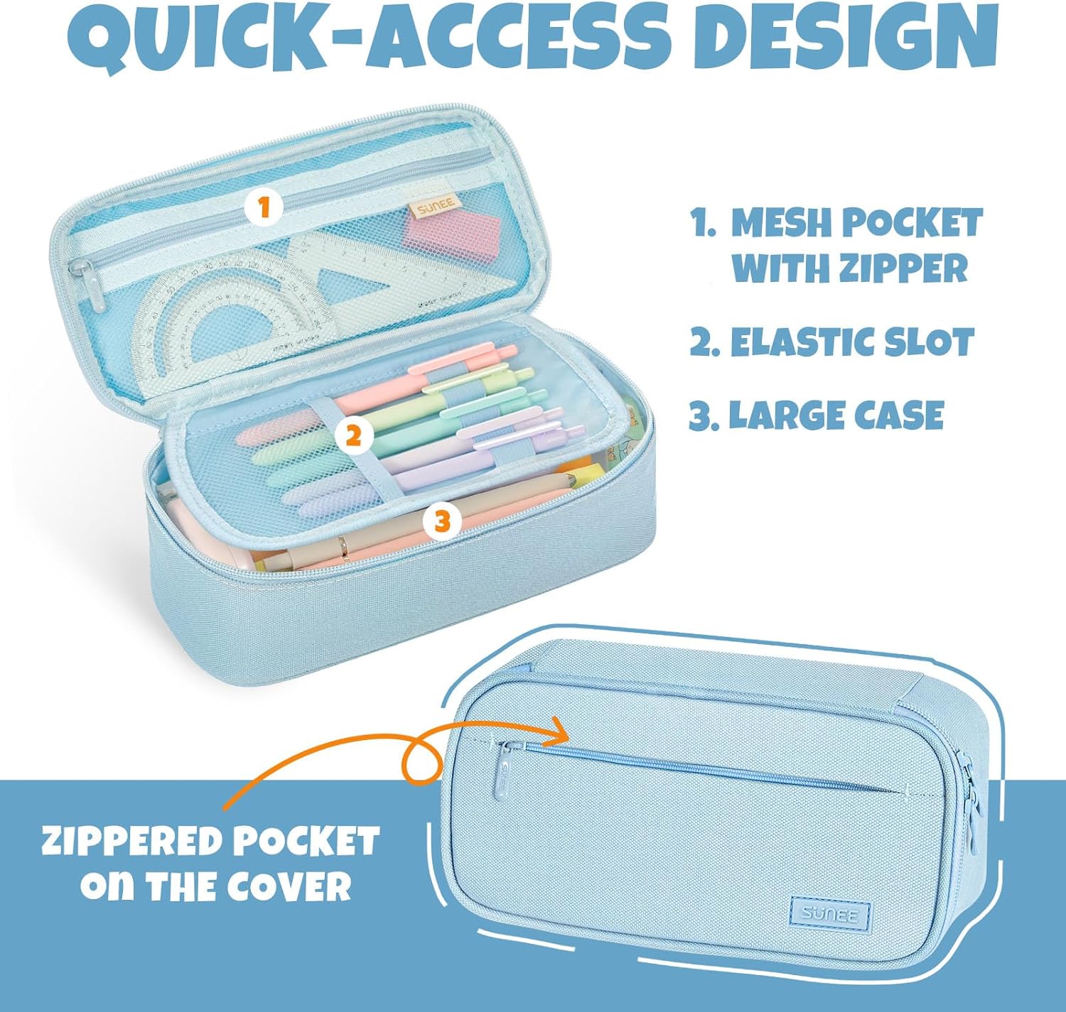 SUNEE Cute Pencil Case, Large Capacity Pencil Pouch, Big Storage Organizer for Stationery, Zipper Pen Bag, Back to School Supplies, Office Organizer Makeup Bag, for Teen Girl Boy Men Women, Blue