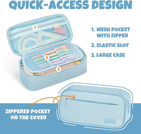 SUNEE Cute Pencil Case, Large Capacity Pencil Pouch, Big Storage Organizer for Stationery, Zipper Pen Bag, Back to School Supplies, Office Organizer Makeup Bag, for Teen Girl Boy Men Women, Blue