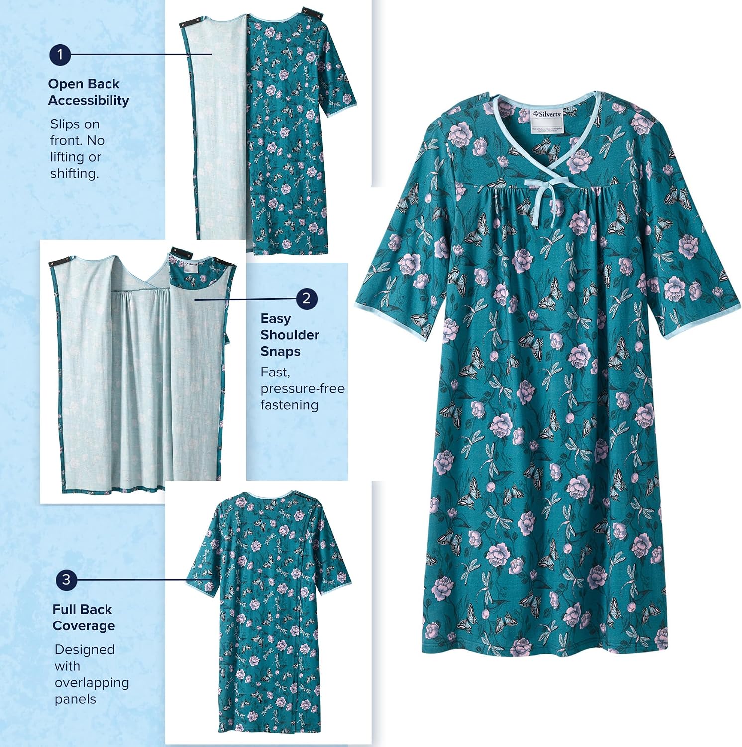 Silverts Women's Adaptive Open Back Gown, Assisted Dressing Nightgown