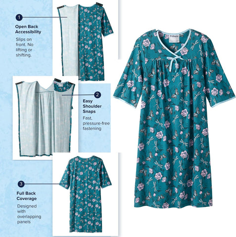 Silverts Women's Adaptive Open Back Gown, Assisted Dressing Nightgown