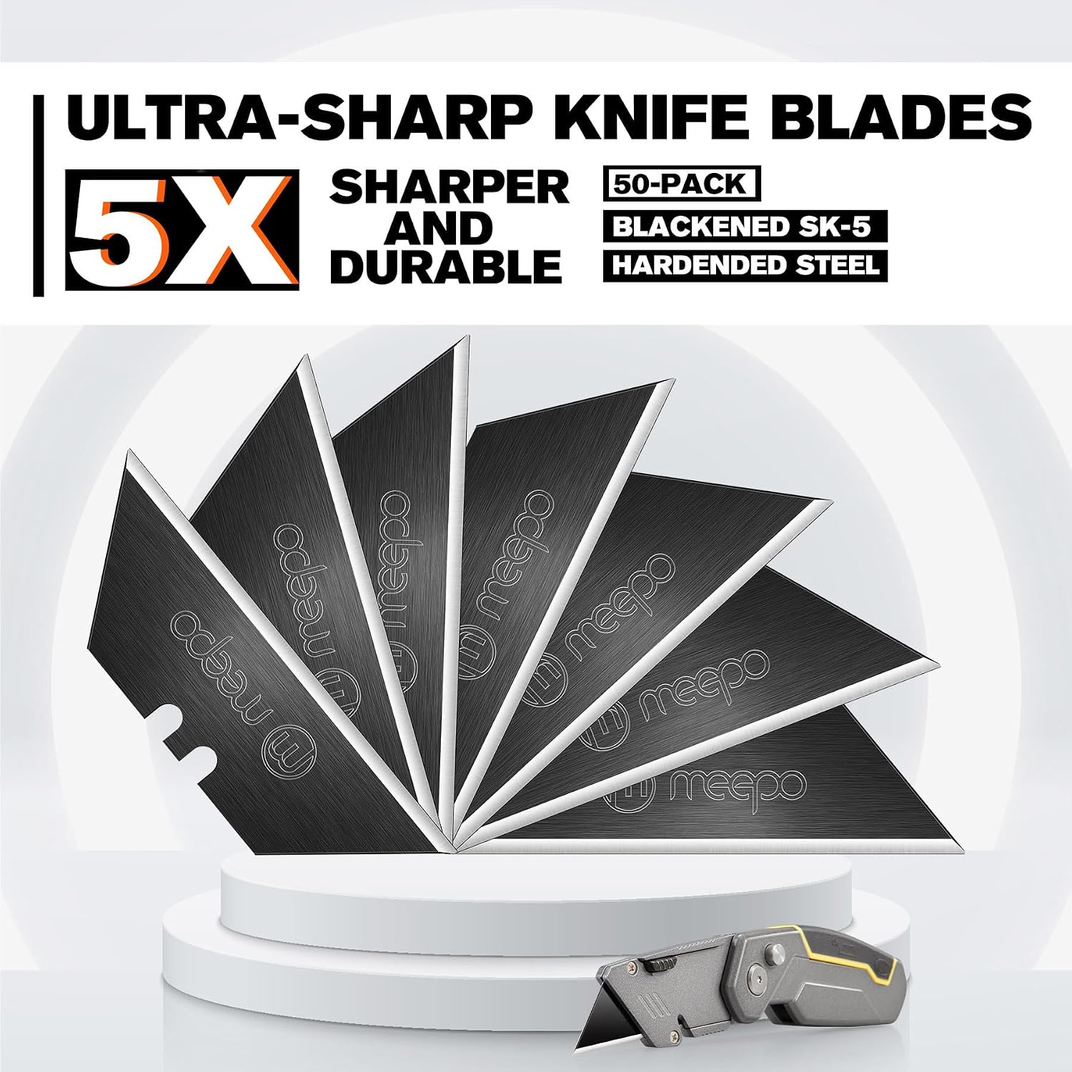 M MEEPO Utility Knife Blades, Never Rust, Blackened SK-5 Steel, 50-Pack