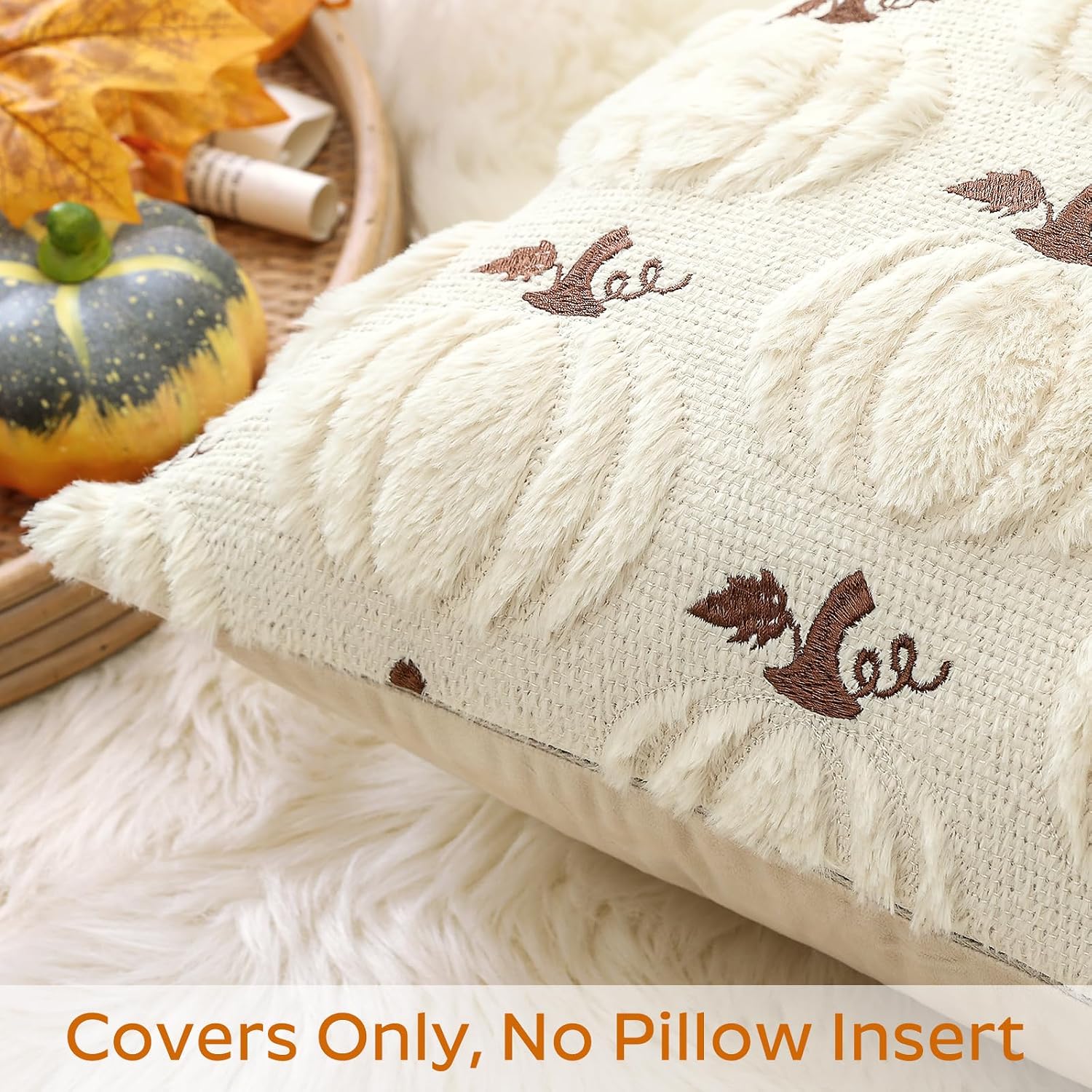 Artscope Fall Pumpkin Throw Pillow Covers 12x20 Set of 2, Autumn Soft Plush Faux Fur Decoration Cushion Covers for Thanksgiving Holiday Couch Sofa Bedroom Home Decor-Beige