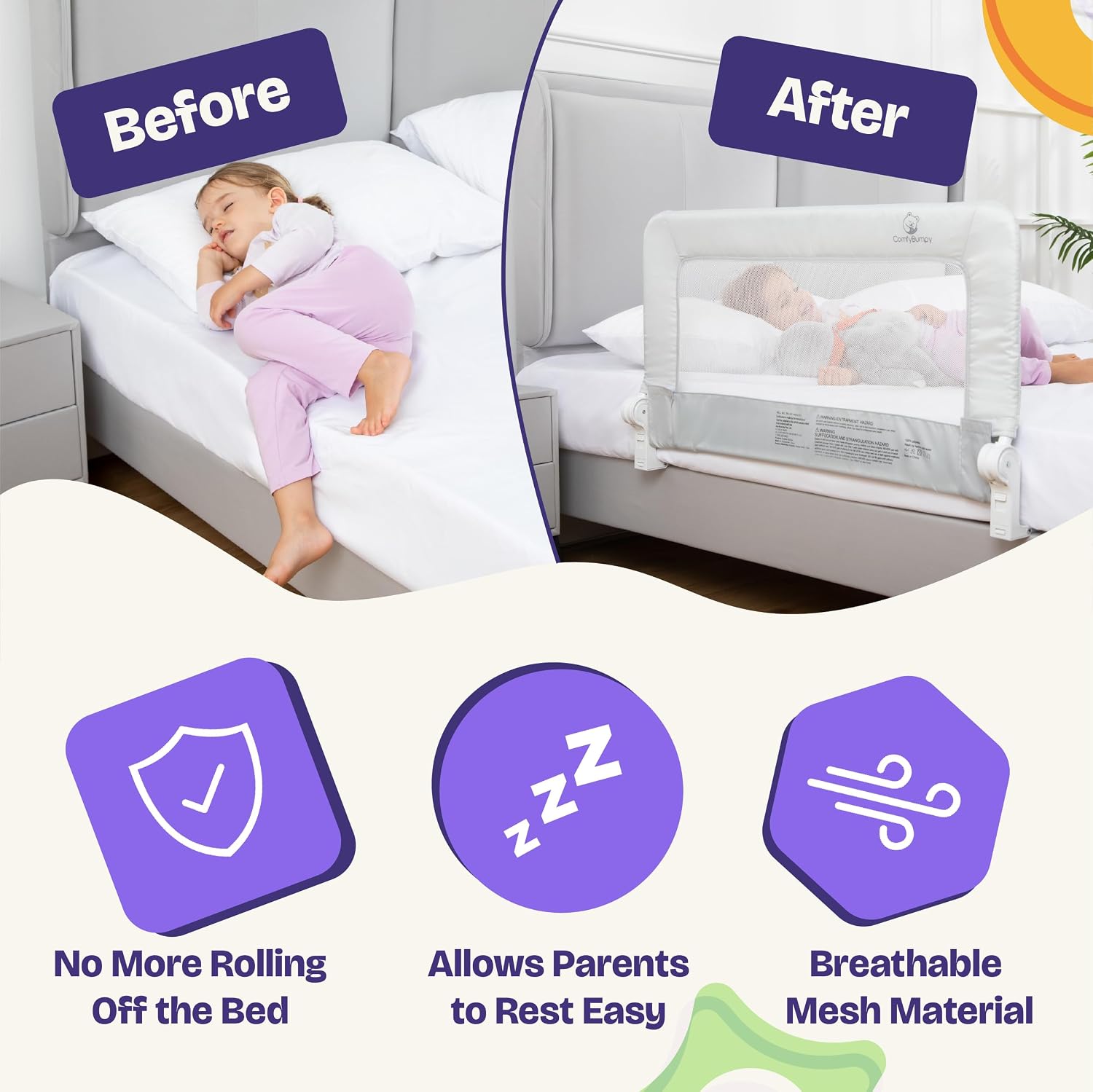 ComfyBumpy 2-Pack Bed Rail for Toddlers 35.5" L x 19.5" H | Toddler Bed Rails for Twin, Full & Toddler Mattress Size | Swing Down Rail Guard | Mattress Side Rail for Kids | Gray
