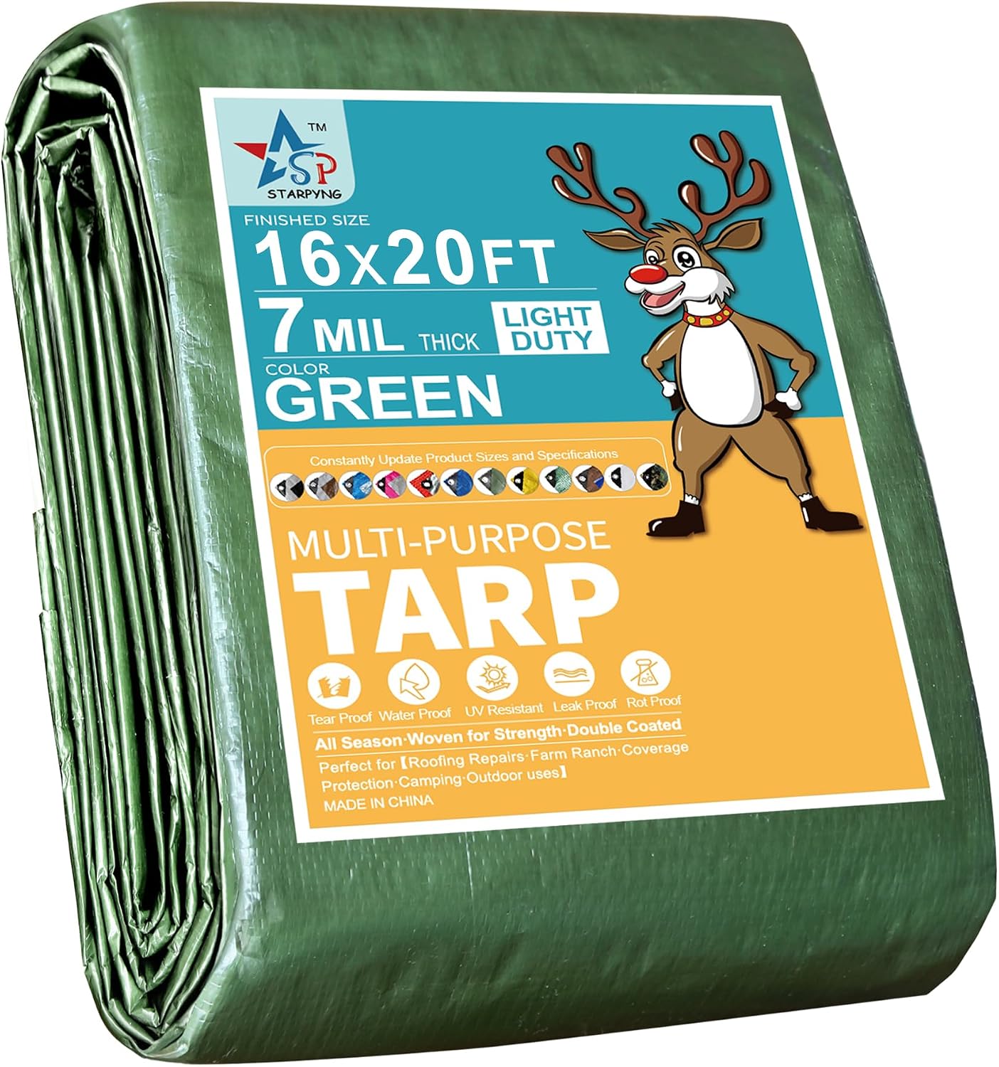STARPYNG-7 Mil Green 16x20 Feet Tarp-Multifunctional Waterproof Tarpaulin-Waterproof, UV Resistant, Rip and Tear Resistant, Poly Tarpaulin with Reinforced Edges for Cover