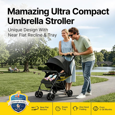Mamazing Lightweight Umbrella Travel Stroller with Near-Flat Recline Seat