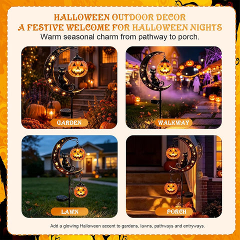 Pumpkin Moon Garden Stake Light & Black Cat Garden Stake Light, Outdoor Halloween Decorations with LED Lantern, Solar Halloween Lights for Lawn, Pathway, Porch, Patio