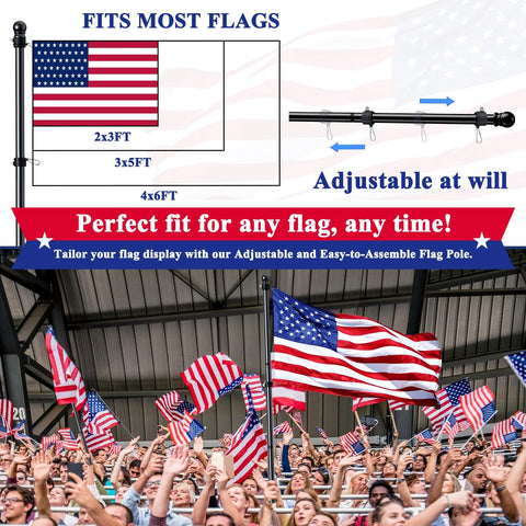 PHITRIC Flag Pole Kit, Tangle Free Spinning Stainless Steel Rustproof Flagpole for 3x5 Sports Fan Outdoor Flags for Outside House (Black, 5FT, with Bracket)