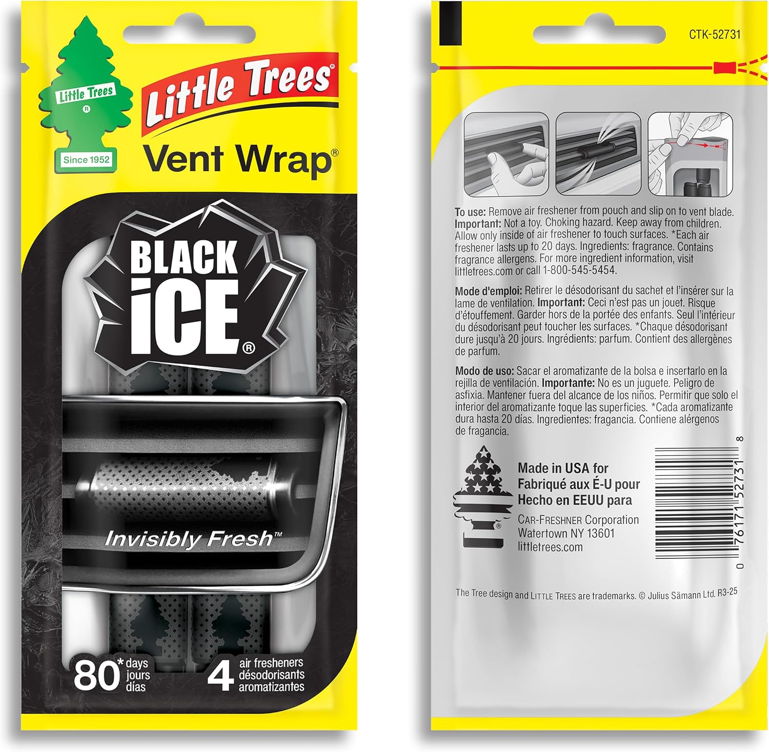 LITTLE TREES Car Air Freshener | Vent Wrap Provides Long Lasting Scent, Invisibly Fresh | 16 Air Fresheners | Black Ice