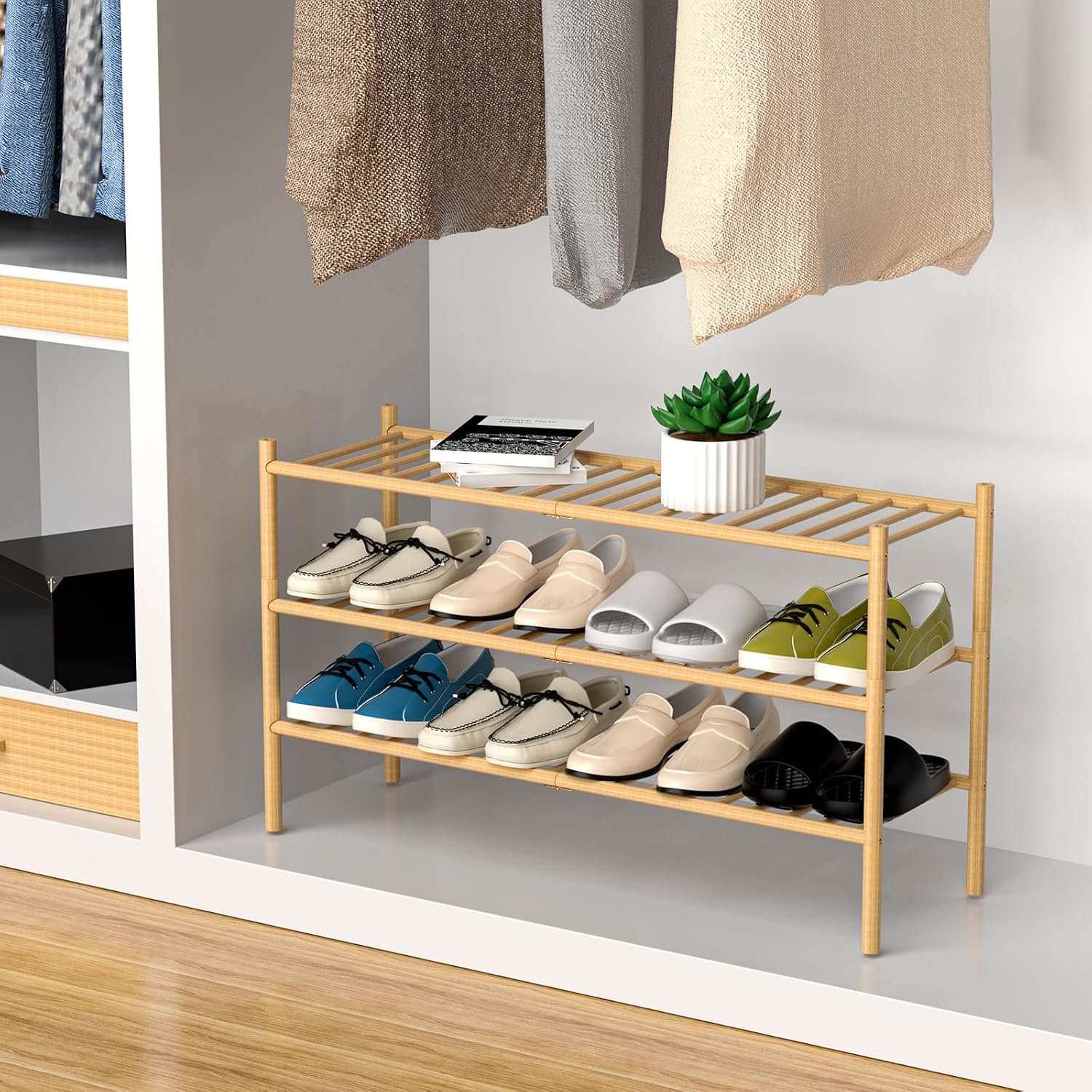 ROMGUAR CRAFT 3-Tier Bamboo Long Shoe Rack, Free Standing Wood Shoe Shelf Storage Organizer for Closet Entryway Stackable 35"x11"x20" (Natural)