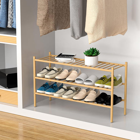 ROMGUAR CRAFT 3-Tier Bamboo Long Shoe Rack, Free Standing Wood Shoe Shelf Storage Organizer for Closet Entryway Stackable 35"x11"x20" (Natural)