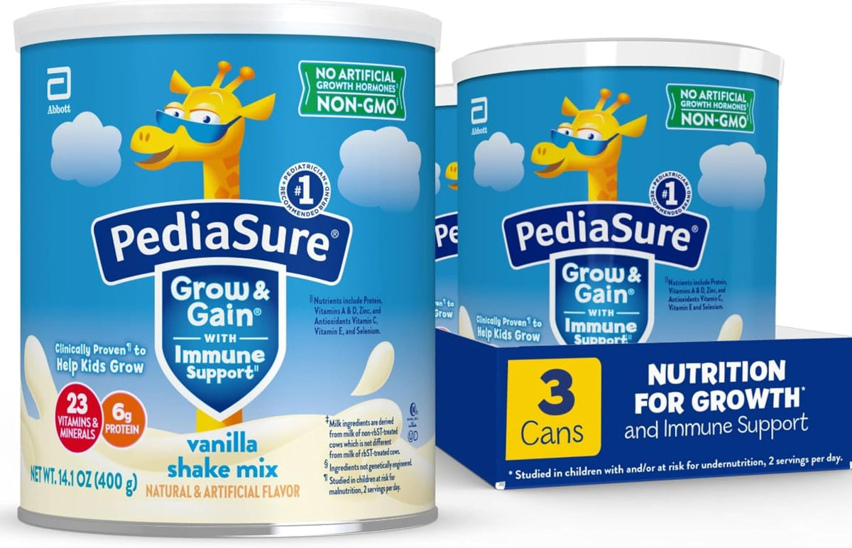 PediaSure Grow & Gain Shake Mix, 6g Protein, Vanilla, 14.1 oz Can, 3pk