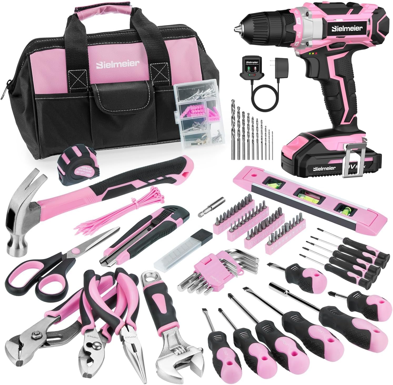 Bielmeier 20V 236Pcs Cordless Pink Drill Set for Women, Home Tool Kit