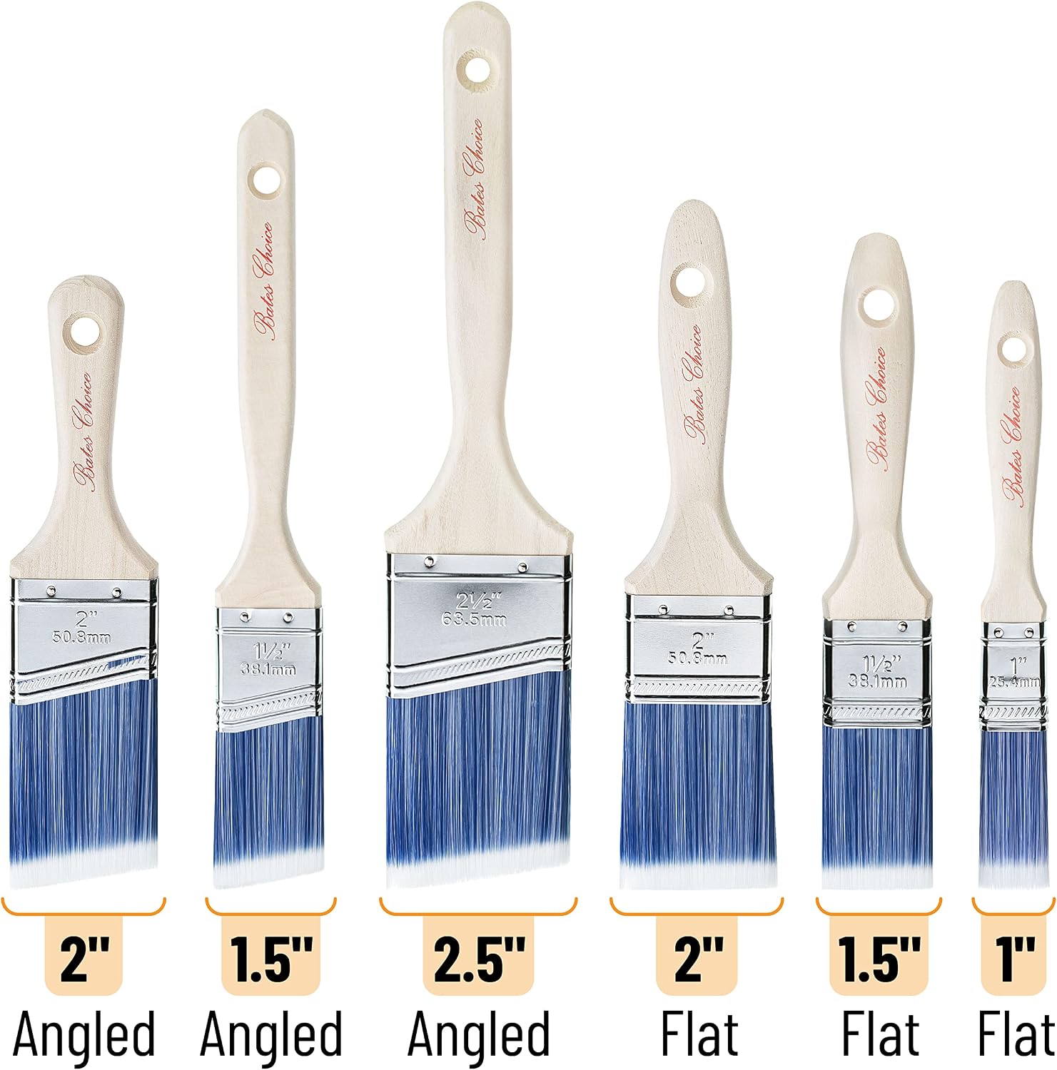 Bates- Paint Brushes, 6 Pack, Treated Wood Handle Brushes for Walls