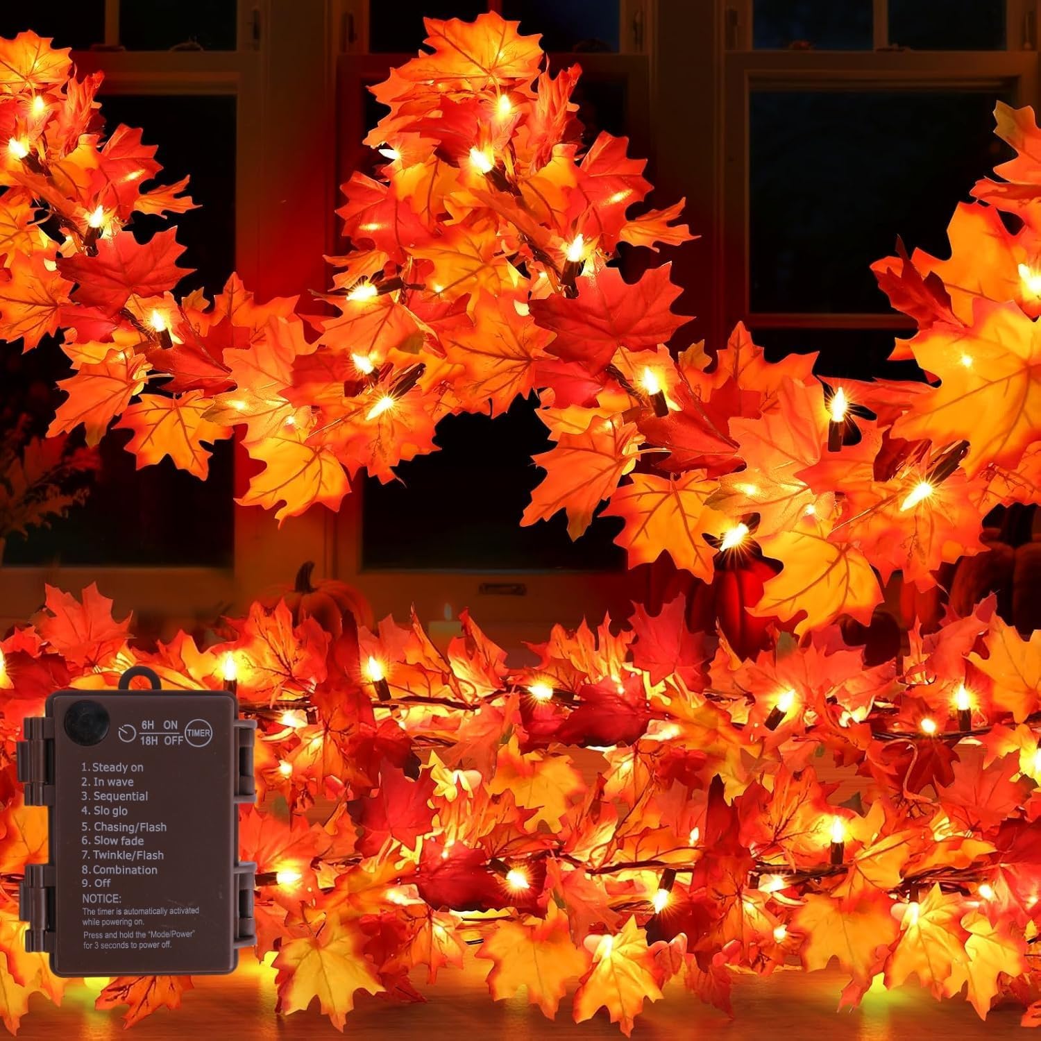 Timer-12Ft 50 LED Fall Garland with Lights,8 Modes Battery Operated Waterproof Fall Decorations Maple Leaf Lights for Mantle Fireplace Table Indoor Thanksgiving Decor
