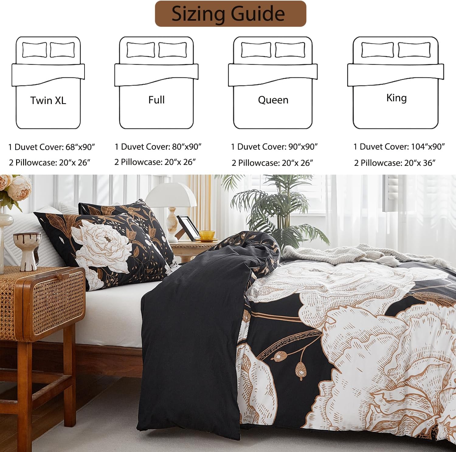 mixinni Floral Duvet Cover Queen Size, 3 Pieces White Flowers and Gold Leaves Printed on Black Bedding Set, Soft Premium Cotton Reversible Elegant Floral Duvet Cover Set for All Season-Queen Size