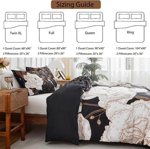 mixinni Floral Duvet Cover Queen Size, 3 Pieces White Flowers and Gold Leaves Printed on Black Bedding Set, Soft Premium Cotton Reversible Elegant Floral Duvet Cover Set for All Season-Queen Size