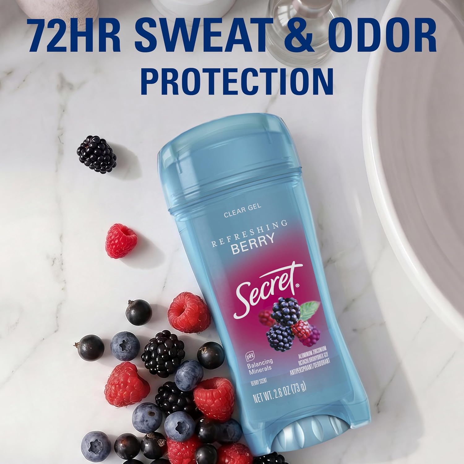 Secret Fresh Antiperspirant Deodorant for Women, 72hr Breathable Sweat & Odor Protection, Instant Freshness & Gentle, PH Balancing Minerals, Clear Gel, Refreshing Berry Scent, 2.6 oz (Pack of 6)