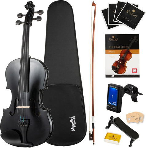 Mendini By Cecilio Violin 4/4 Full Size For Beginners - Fiddle Solidwood Kit with Hard Case - Acoustic Violins with Bow, Rosin, Tuner, Extra Strings & Bridge, Shoulder Rest and Lesson Book (Black)