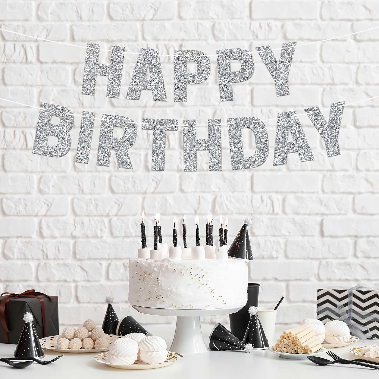 Pre-Strung Happy Birthday Banner - Silver Glitter Birthday Party Banner