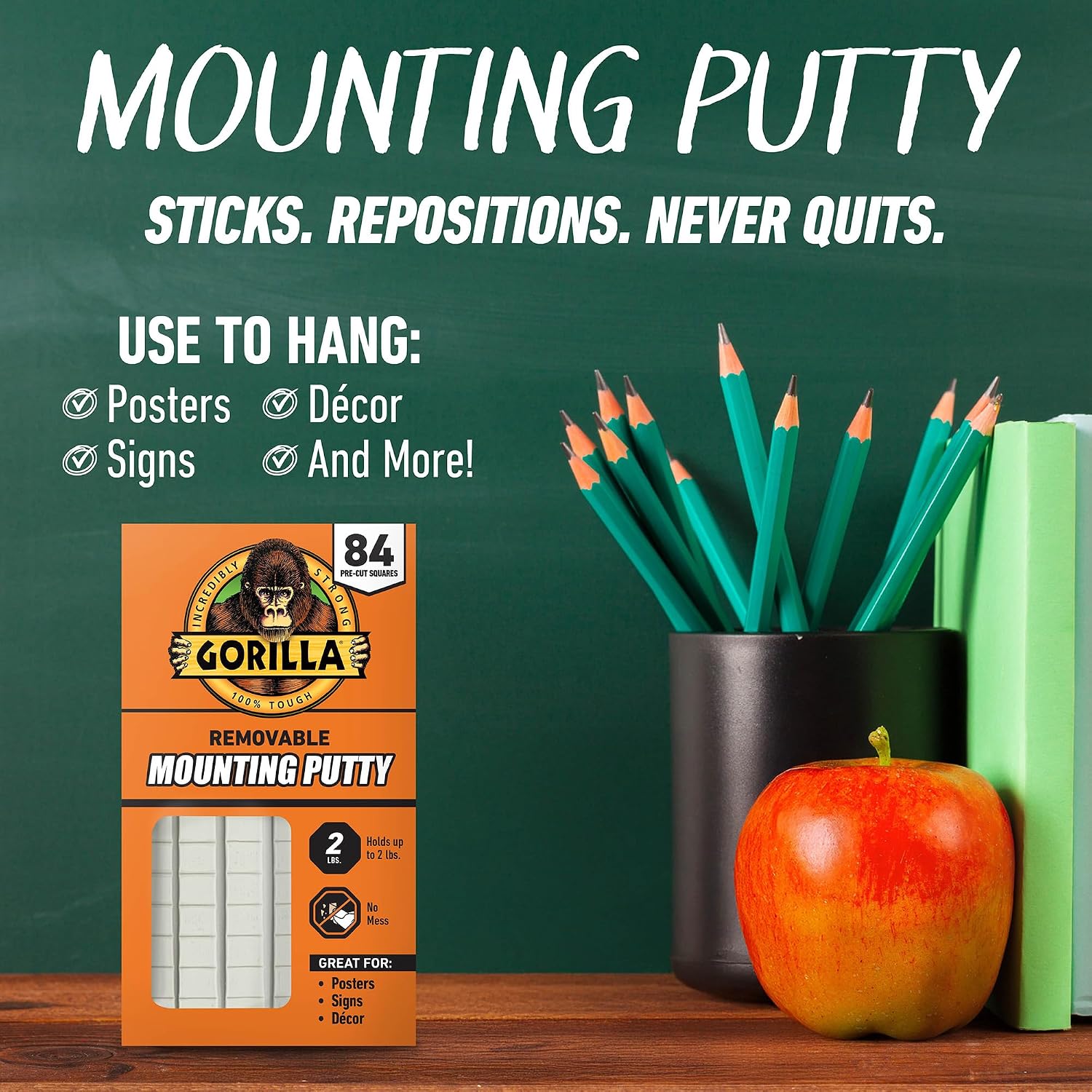 Gorilla Removable Mounting Putty Reusable & Repositionable Adhesive 84 Count Pre-Cut Squares (Pack of 3) Holds 2 lbs Back to School Supplies for Teachers Students Parents, Indoor Outdoor