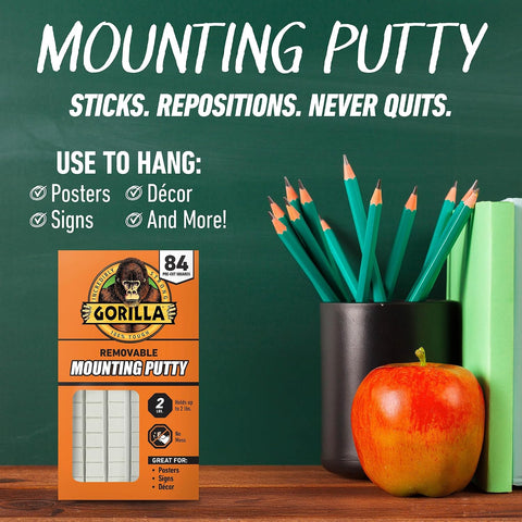 Gorilla Removable Mounting Putty Reusable & Repositionable Adhesive 84 Count Pre-Cut Squares (Pack of 3) Holds 2 lbs Back to School Supplies for Teachers Students Parents, Indoor Outdoor
