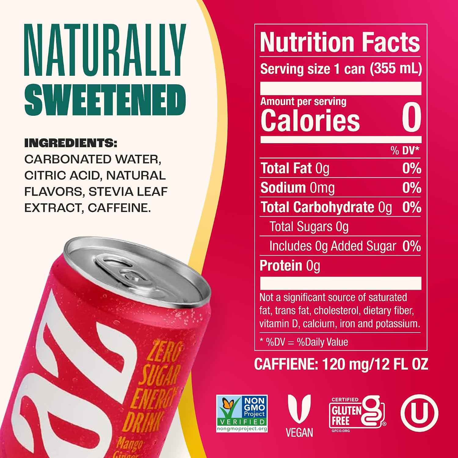 Zevia Zero Sugar Energy Drink, Mango Ginger, 12 oz Cans (12-Pack) – Naturally Sweetened, Zero Calorie Sugar Free Energy - Non-GMO Project Verified, Gluten-Free, Vegan