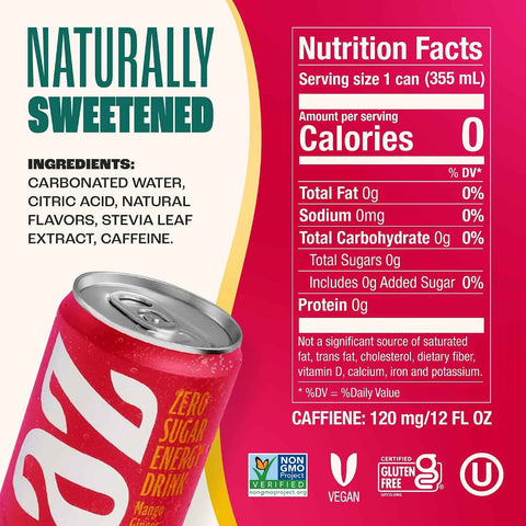 Zevia Zero Sugar Energy Drink, Mango Ginger, 12 oz Cans (12-Pack) – Naturally Sweetened, Zero Calorie Sugar Free Energy - Non-GMO Project Verified, Gluten-Free, Vegan
