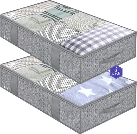 Onlyeasy Large Underbed Storage Bags Organizer Container (2 Pack) with 4 Handles and 2 Sturdy Zippers, Blankets Clothes Comforters Foldable Storage Bags with Clear Window, Herringbone Grey, MXRUBBP2