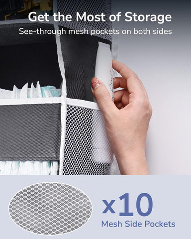 ULG 1 Pack Over Door Organizer with 5 Large and 10 Mesh Side Pockets, 44 lbs Weight Capacity Hanging Storage with Clear Window Kids Toys, Shoes, Diapers, Dark Grey, 5 Layers