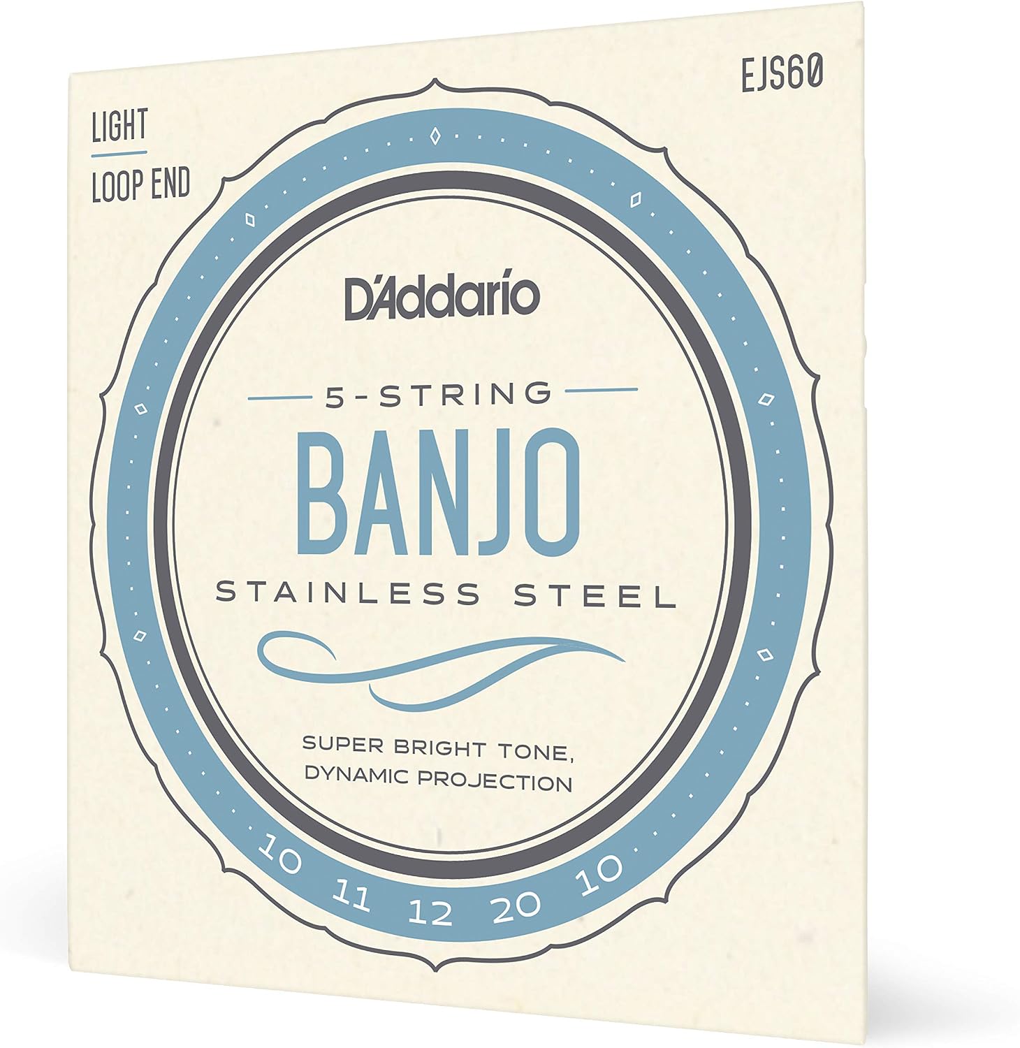 D'Addario Banjo Strings, Stainless Steel, EJS60, Light Gauge 10-20, 5-String Set, Pack of 1