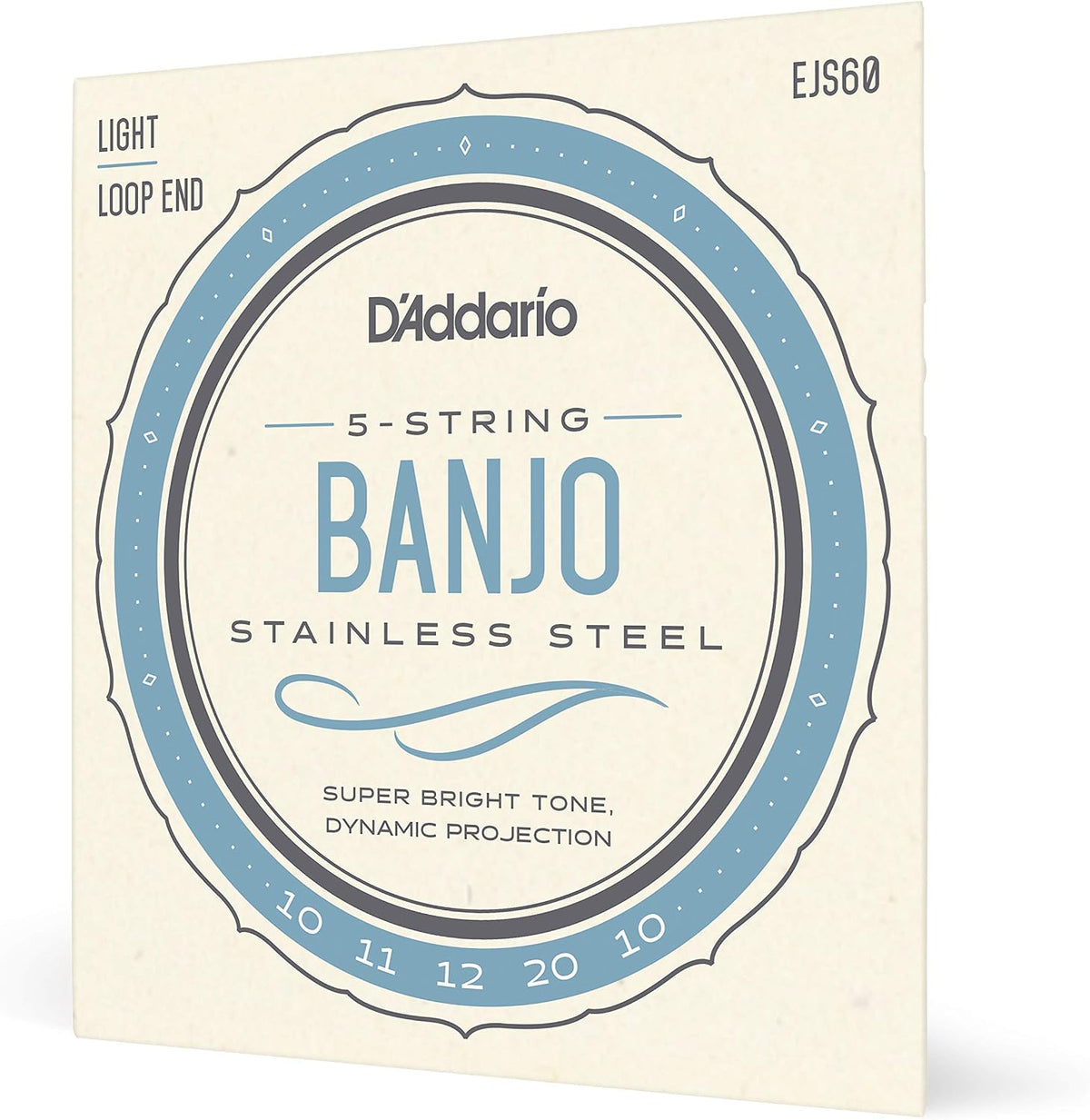D'Addario Banjo Strings, Stainless Steel, EJS60, Light Gauge 10-20, 5-String Set, Pack of 1
