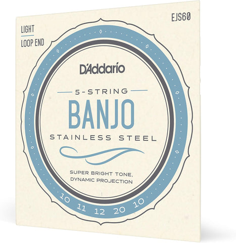 D'Addario Banjo Strings, Stainless Steel, EJS60, Light Gauge 10-20, 5-String Set, Pack of 1