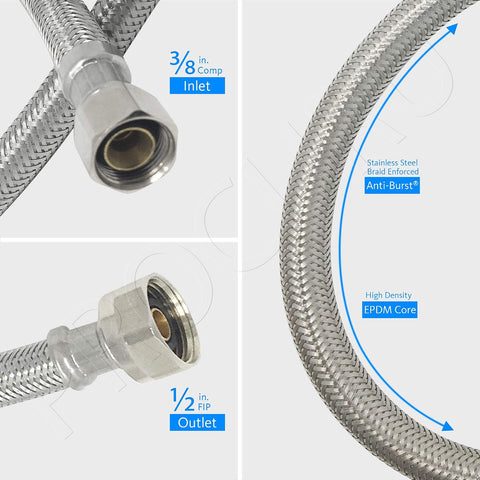 [2-Pack] PROCURU 60" (5Ft) x 3/8" Comp x 1/2" FIP Faucet Hose Connector, Stainless Steel Braided Supply Line, Certified Safe (9SF60-2P)