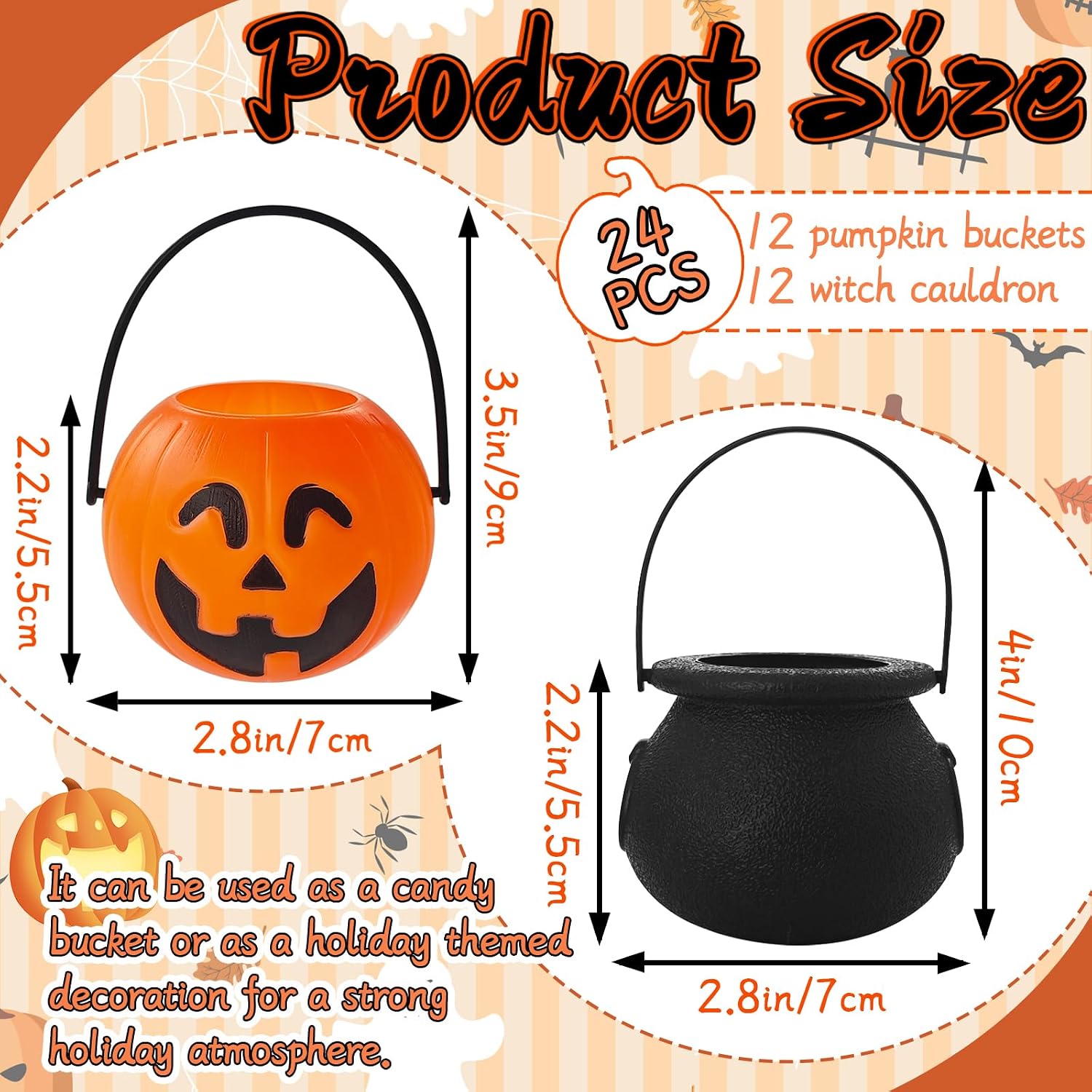 24 Pcs Halloween Mini Candy Buckets,Portable Pumpkin Buckets with Handle,Plastic Witch Cauldrons for Halloween Party Favors,Home Décor,Trick or Treat Accessories