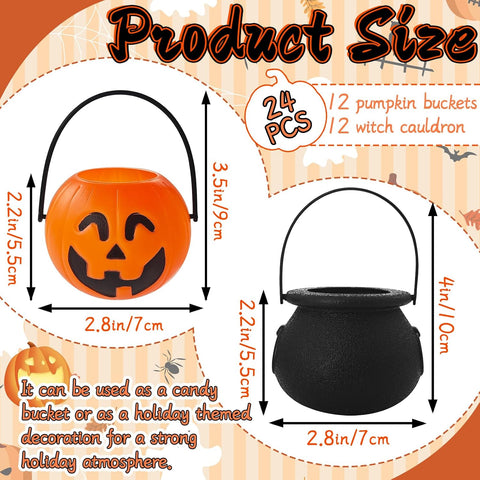 24 Pcs Halloween Mini Candy Buckets,Portable Pumpkin Buckets with Handle,Plastic Witch Cauldrons for Halloween Party Favors,Home Décor,Trick or Treat Accessories