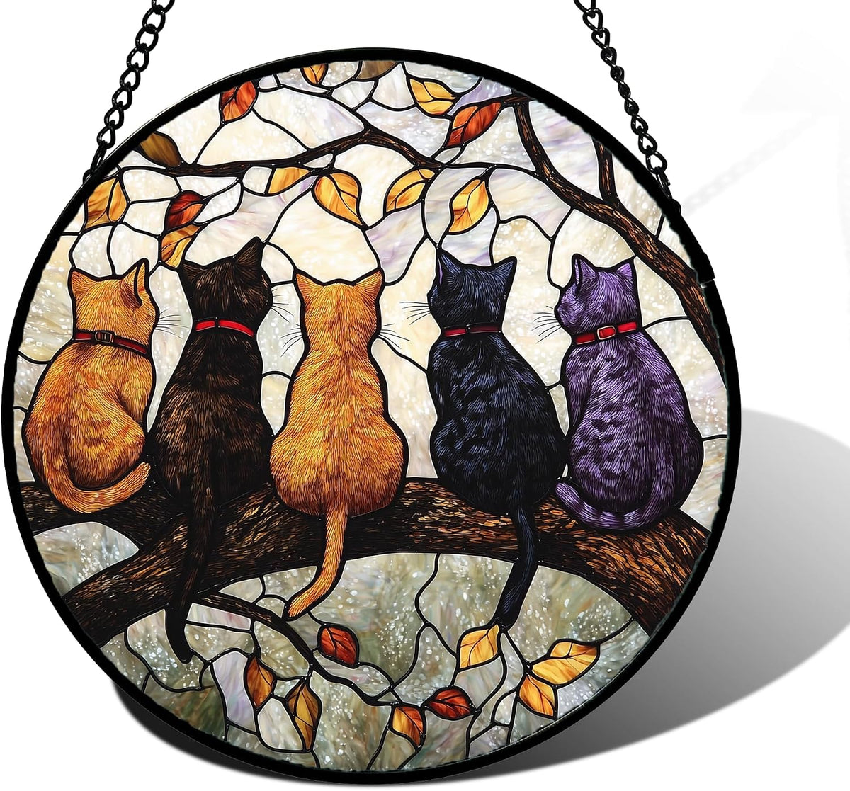 5 Cats on a Branch Stained Glass Window Hanging Suncatcher Gifts 6.3"