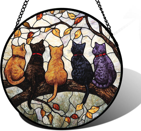 5 Cats on a Branch Stained Glass Window Hanging Suncatcher Gifts 6.3"