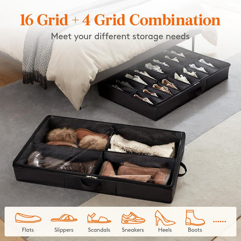 Lifewit Under Bed Shoe Storage Organizer 2 Pack(16 Shoes Cells+4 Boots Cells), 4.3 Inches Profile Fabric Shoes Container Box with Clear Cover, Foldable Storage Bag with 2 Handles, Fits 24 to 40 Pairs