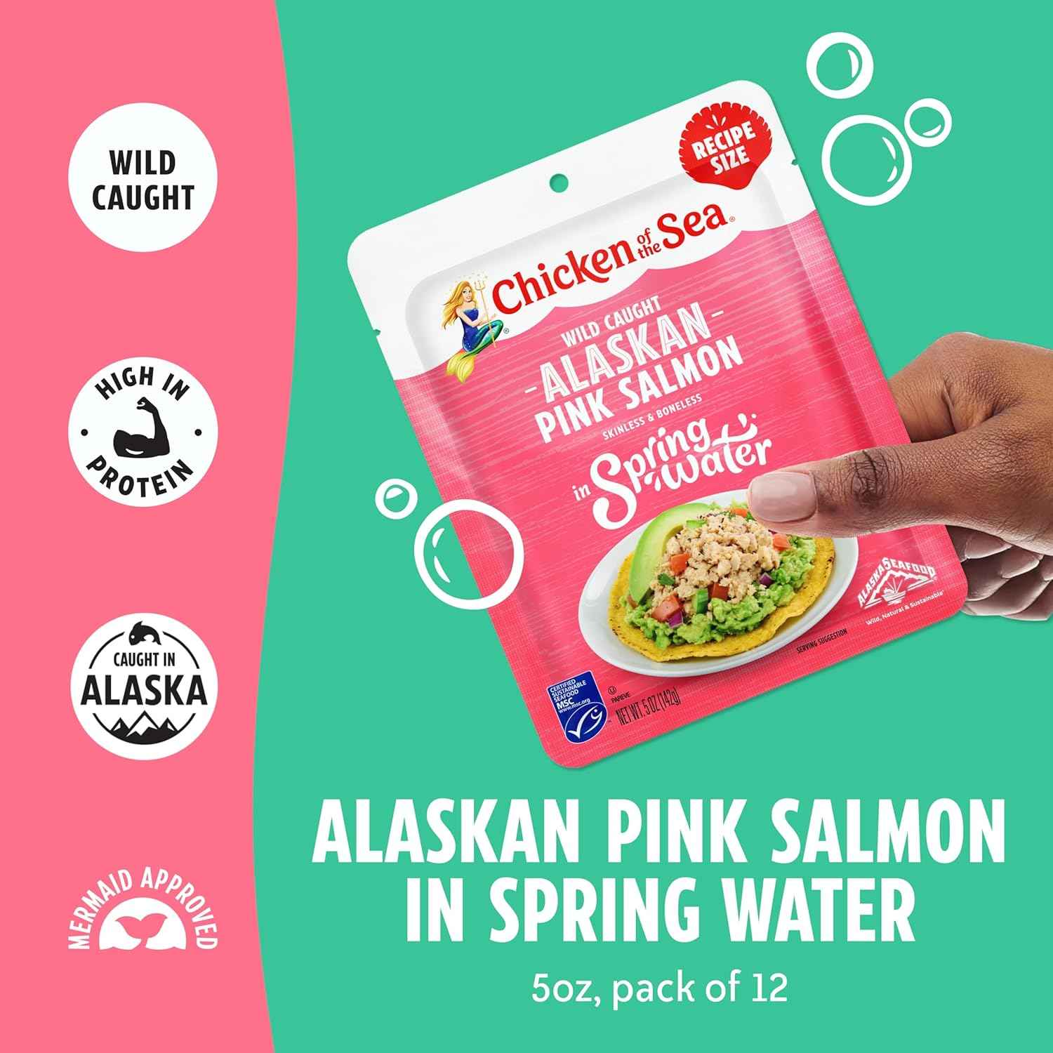 Chicken of the Sea Alaskan Pink Salmon in Spring Water, 5 Ounce Packets (Pack of 12), Wild Caught Salmon, Skinless & Boneless