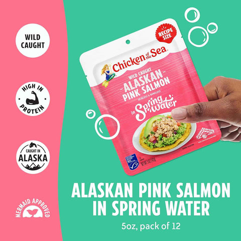 Chicken of the Sea Alaskan Pink Salmon in Spring Water, 5 Ounce Packets (Pack of 12), Wild Caught Salmon, Skinless & Boneless