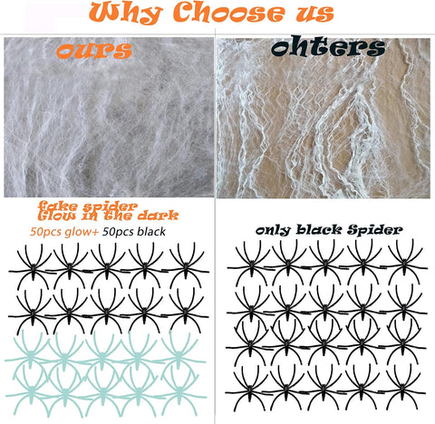 1200 Sqft Halloween Spider Web Decorations, with 50 Glow and 50 Black Fake Spiders, Halloween Decorations Outdoor Large Stretch Spider Web Cobwebs Indoor (1200 sqft Web+100 Spider)