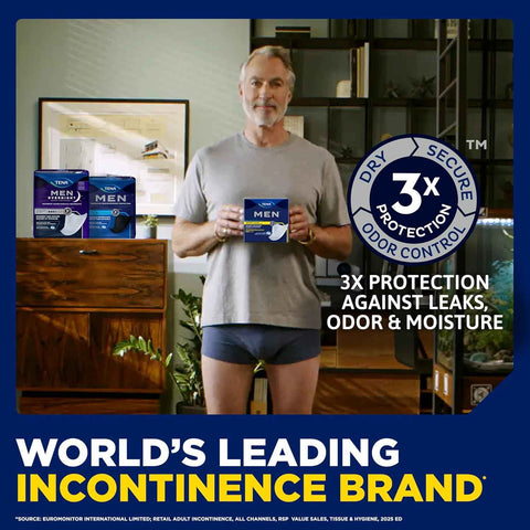 TENA Men Maximum Guards, Incontinence Pads for Men, 144 ct | Engineered to fit the male anatomy, these discreet, cup-shaped male guards help manage moderate bladder leaks, odor & wetness