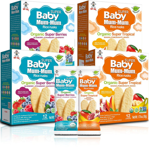 Baby Mum-Mum Organic Rice Biscuits, Super Tropical & Super Berries | 24 Count (Pack of 4) | Gluten Free, Allergen Free, Non-GMO | Toddler Snacks, Rice Rusk, Cracker, Cookies for Babies