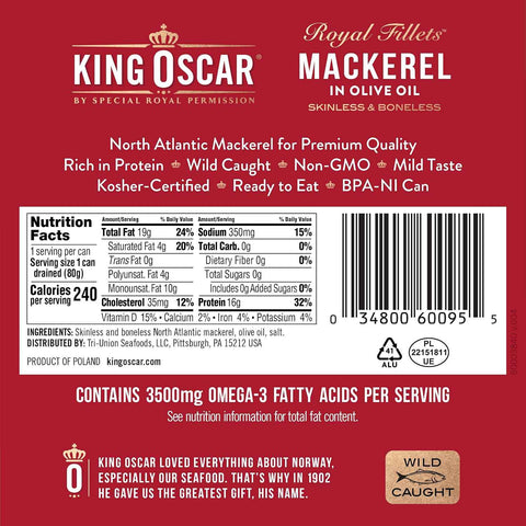 King Oscar Mackerel in Olive Oil, 4.05 Ounce Can (Pack of 12, Packaging May Vary), Skinless & Boneless, Wild Caught Canned Mackerel