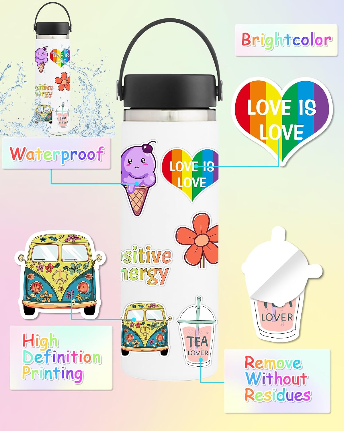 300 Pcs/Pack Water Bottle Stickers for Kids, Cute Vinyl Waterproof Stickers