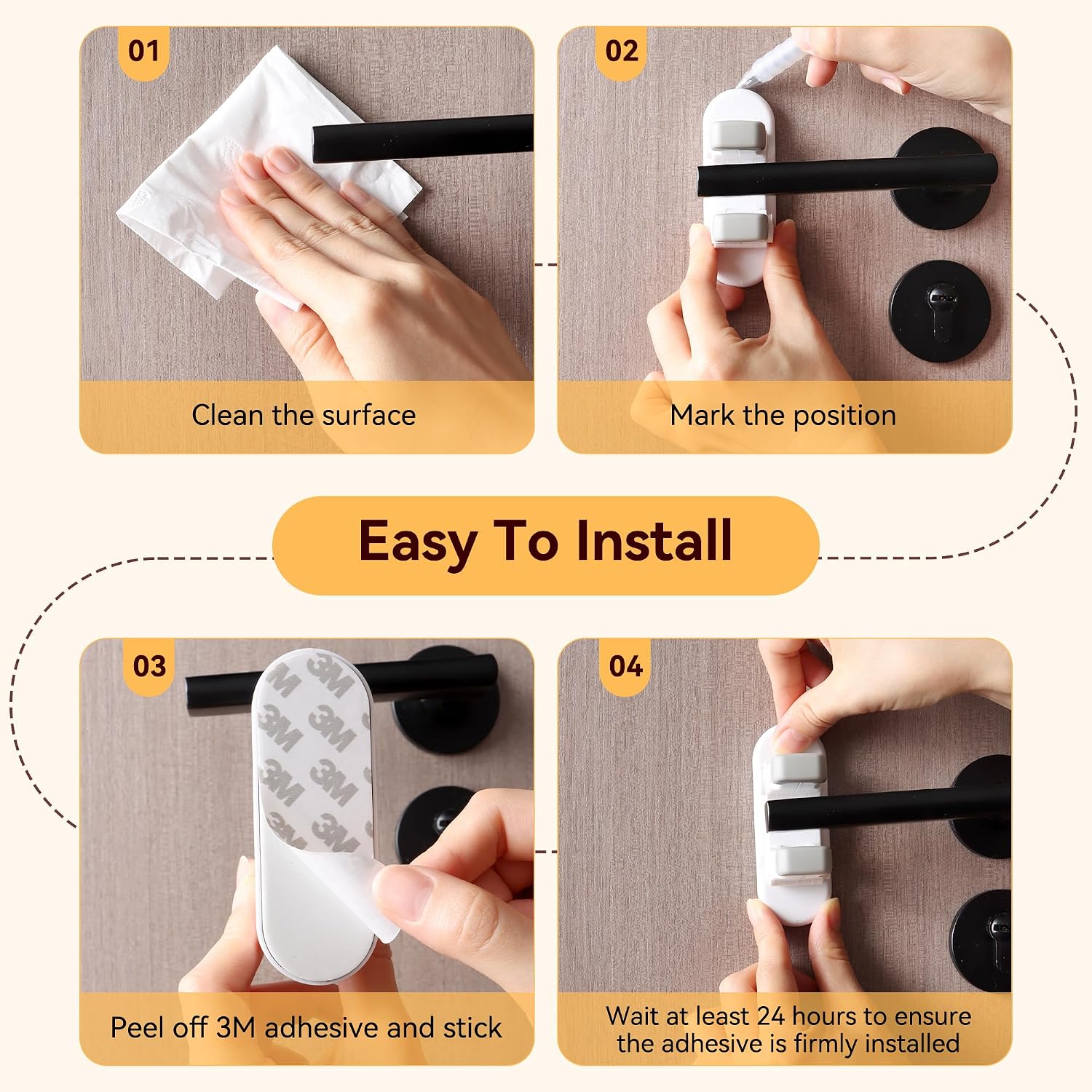 4 Pack Snap-On Door Lever Locks, Child Safety Door Handle Stopper for Baby, Autism Kids-Dual Lock System, No Tools Required Without Drilling (White-4Pack)
