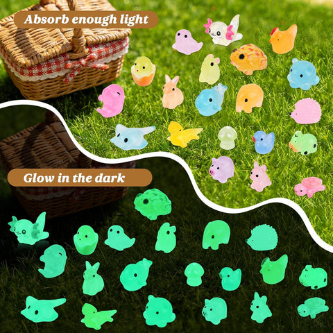 100Pcs Luminous Mini Resin Animals Bulk, 20 Styles Glow in The Dark Plastic Tiny Animals Figures for Fairy Garden, Dollhouse, Aquarium, Party Favors & Home Decor Crafts
